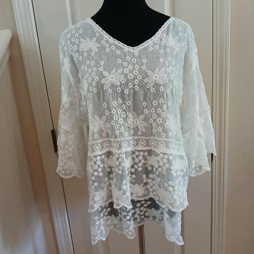 Adora Sheer Floral Embroidered 100% Cotton Blouse 3/4 Bell Sleeves S/M Fairy